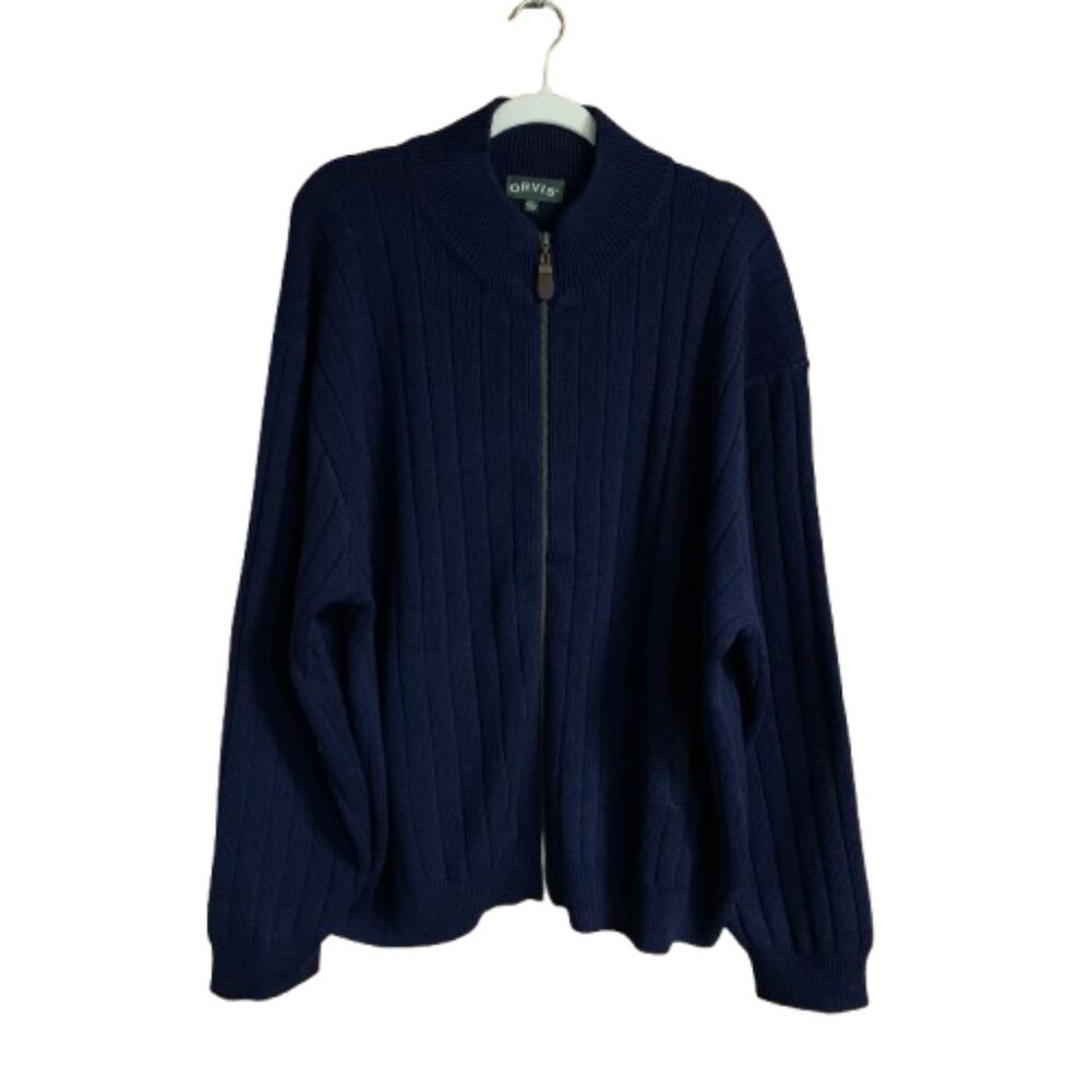 Orvis XX-Large Blue Men's Heavy Knit Wool Pull Over Full Zip Elbow Patch Sweater